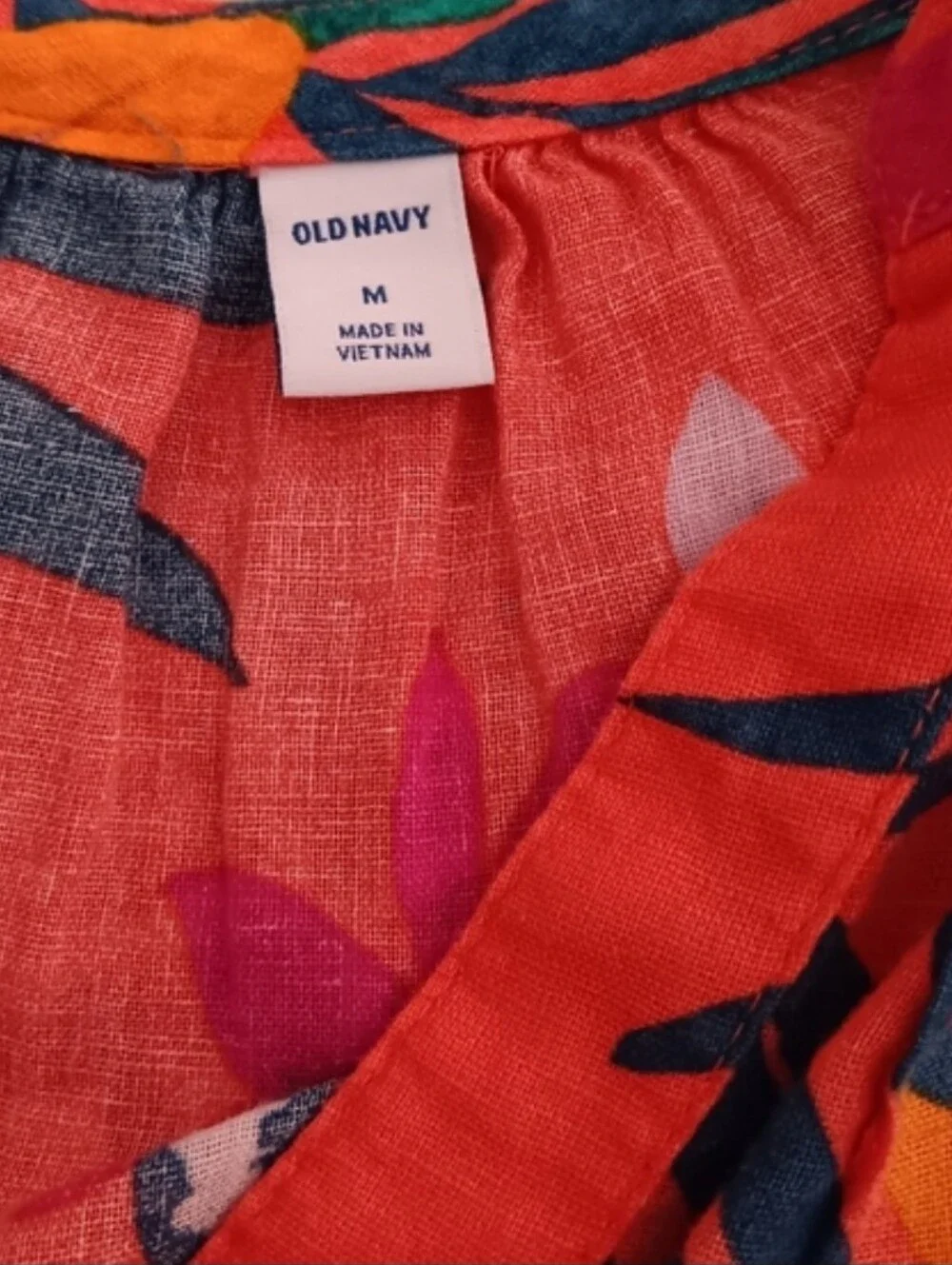 Old Navy ~ Coral Tropical Floral Linen Blend Tie Sleeve Blouse - Picture 8 of 10
